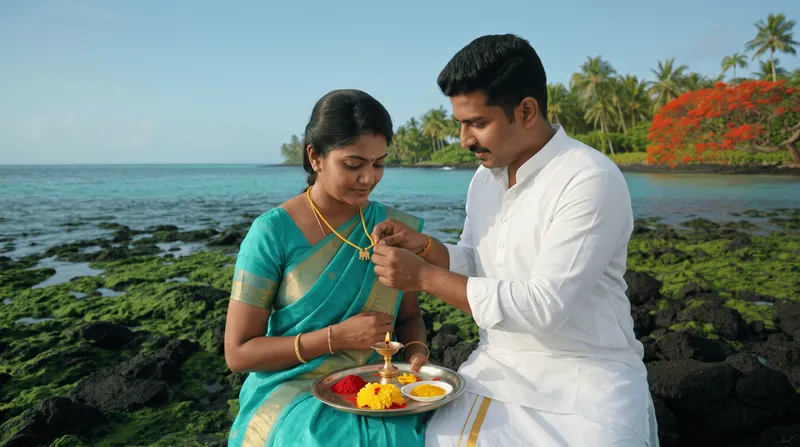 A couple preparing an offering together beside a river