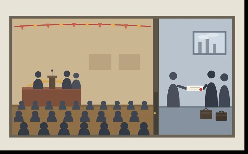 Illustration of speakers and delegates at an economic conference