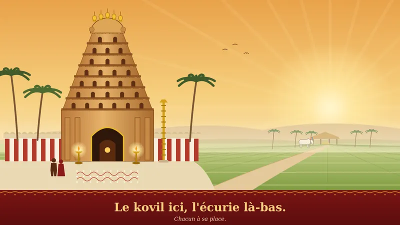Illustration of a kovil and a Tamil school beside a river