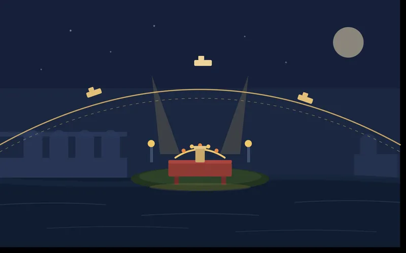 Illustration of a boat carrying lights on a river at night