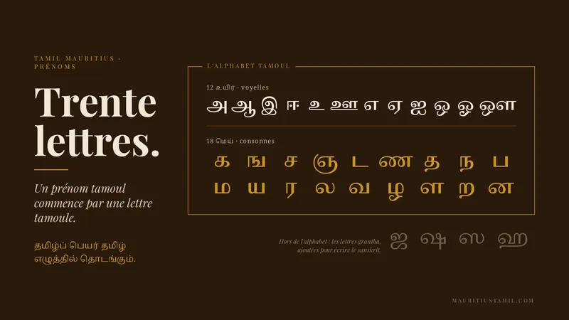 Illustrated chart of the thirty Tamil letters and their sounds