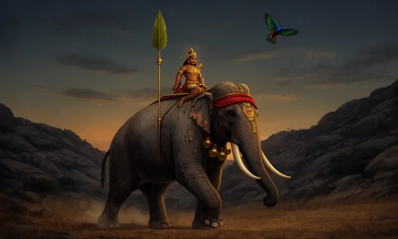 Illustration of a decorated elephant with a rider at sunset
