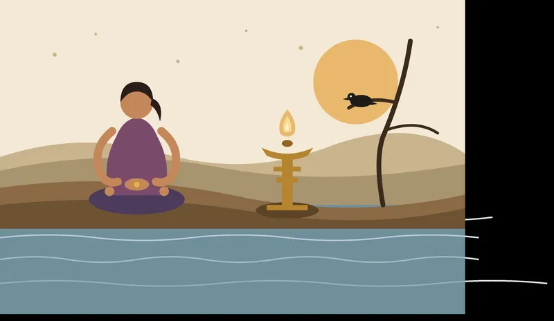 Illustration of a worshipper, oil lamp and river at sunset